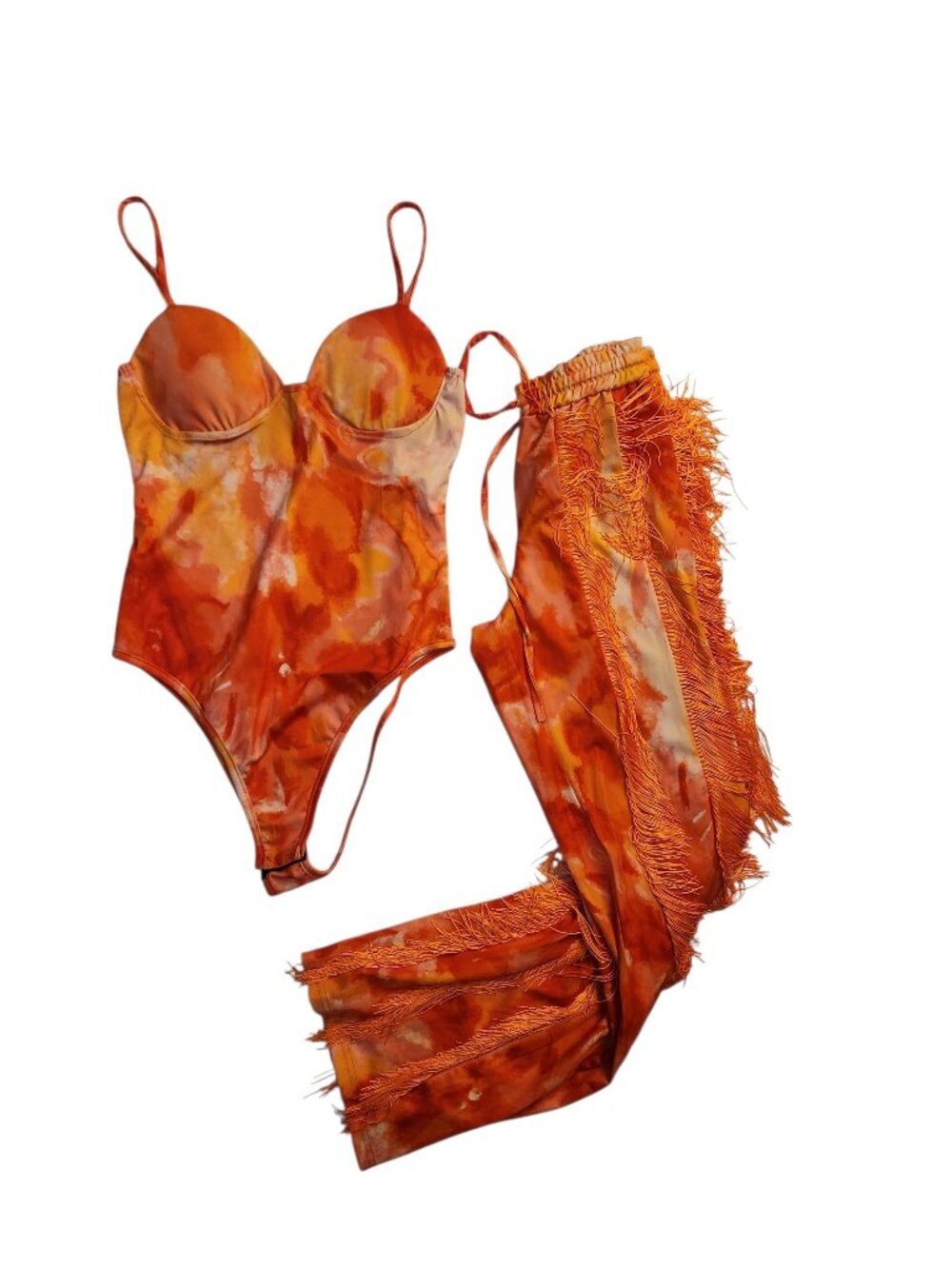 Women Fringe Tassel Pants Set Two Piece Size M Orange Yellow Party Outfit